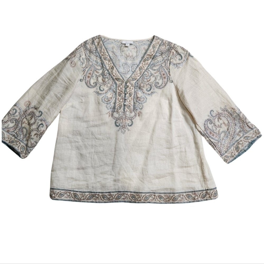 Shirt pullover 100% Linen Paisley BOHO Cream color and blues Size S-M J.JILL - Picture 6 of 14
